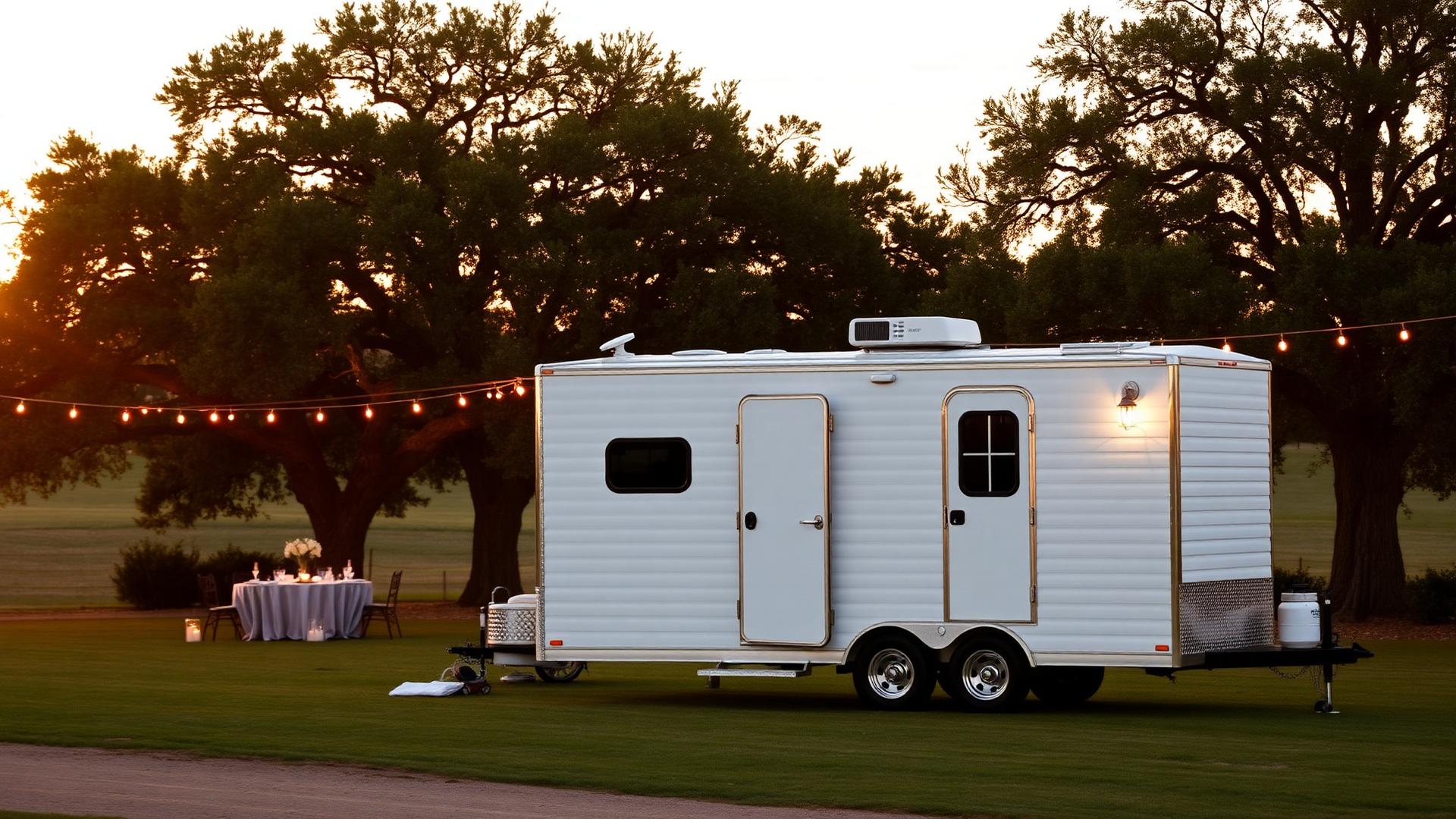 Luxury restroom trailer at a Texas Hill Country wedding venue at sunset